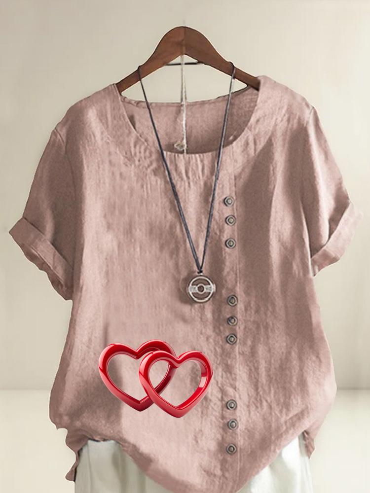 Women s Fashion Red Heart Shape Print Round Neck Short Sleeve T-shirt Casual Cotton Linen Graphic Shirt Leisure Loose Summer Blouse Tops S
