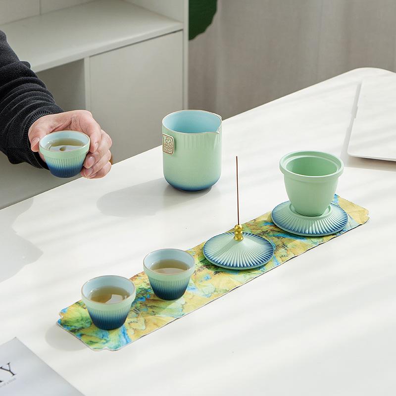 Court style coarse pottery gradual change glaze travel tea set small set one pot three cups portable company creative souvenir