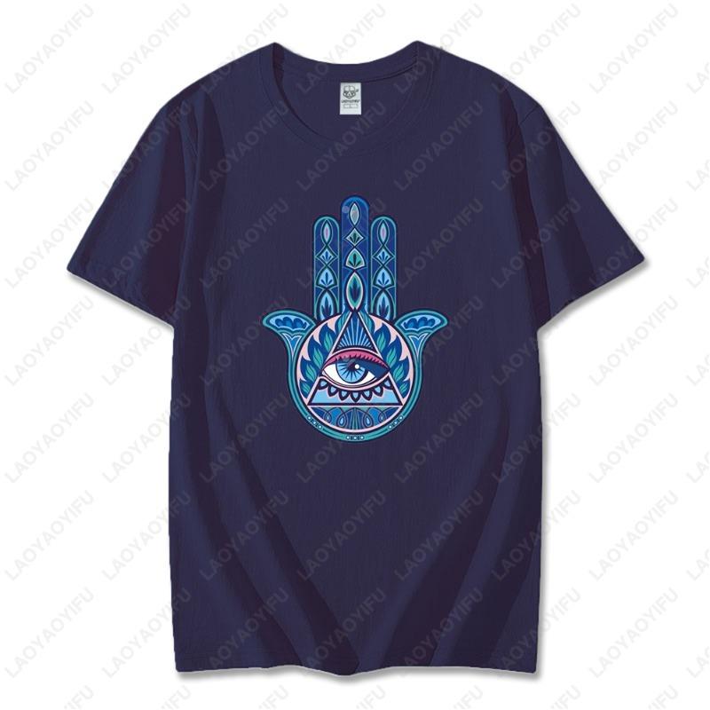 Blue Hamsa Hand Spiritual Protection Cotton Tops for Men Women Namaste Mandala Graphic Regular Short Sleeve Funny Casual Tshirt