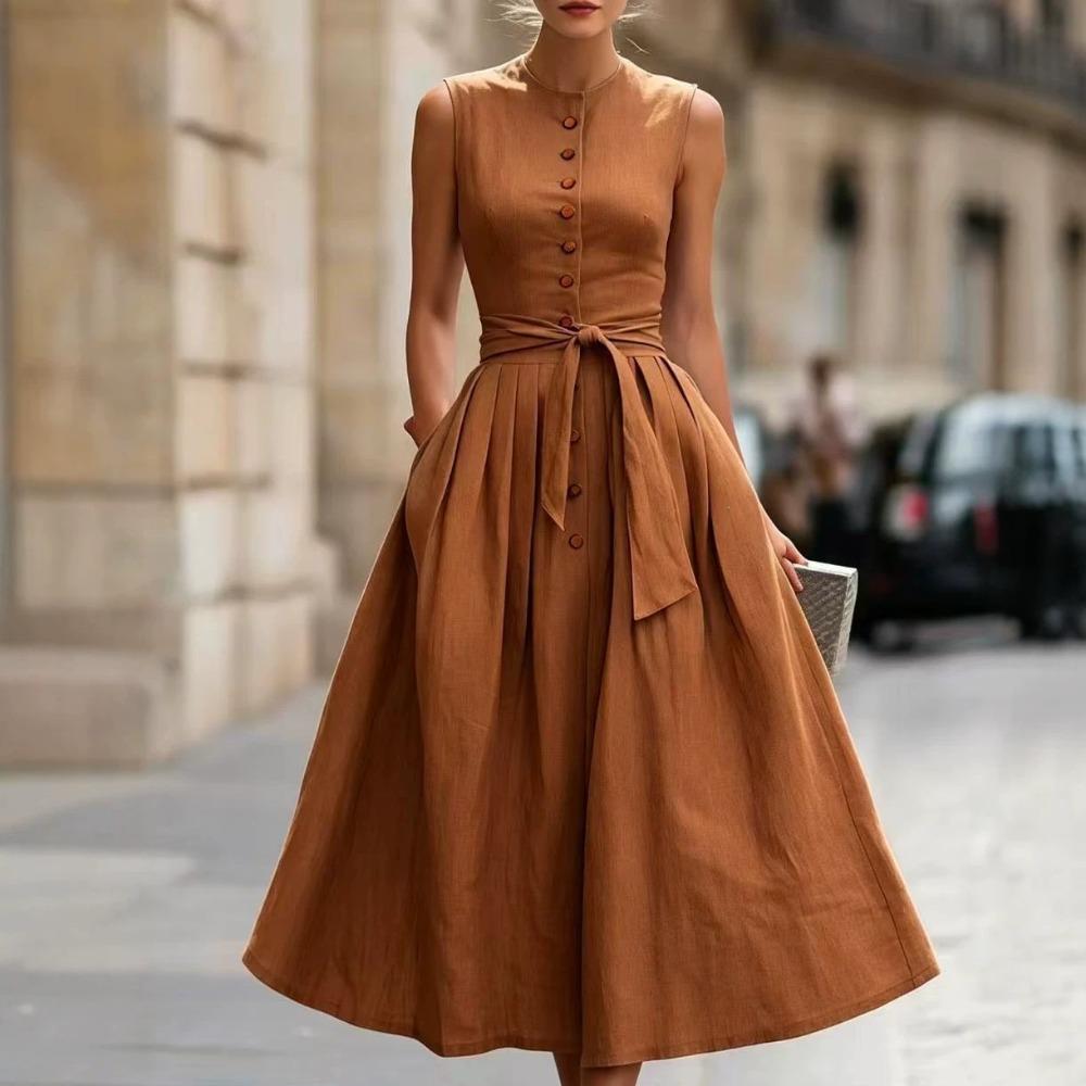 Women's Crew Neck Sleeveless Midi Dress Slim Fit Mid Waist Elegant Linen Blend Solid Color Button Front Tie Belt A-Line Dress