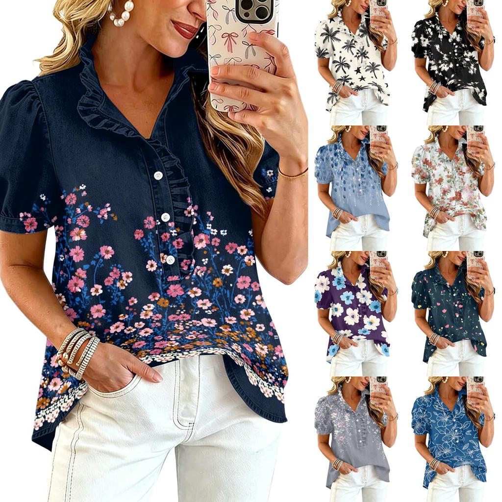 Women Ruffle V Neck Printed Blouse Short Sleeve Casual Loose Fit Top Button Down Lightweight Shirt