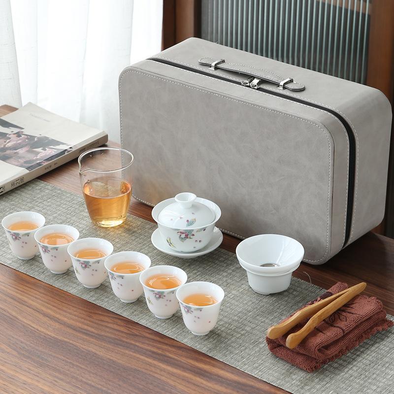 White Porcelain Tea Art Teaching Tea Set Travel Portable Bag Ceramic Kung Fu Tea Set Tea Artist Training Examination