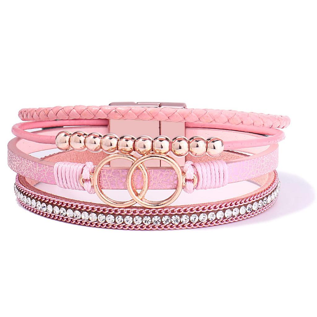 Damen Handgefertigtes Geflochtenes Lederarmband mit Doppelring Magnetverschluss und Strasssteinen
