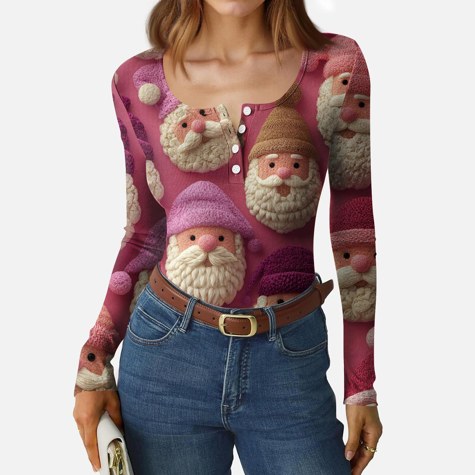

Women s Casual Fashion Christmas Print Button Long Sleeve Top XXL