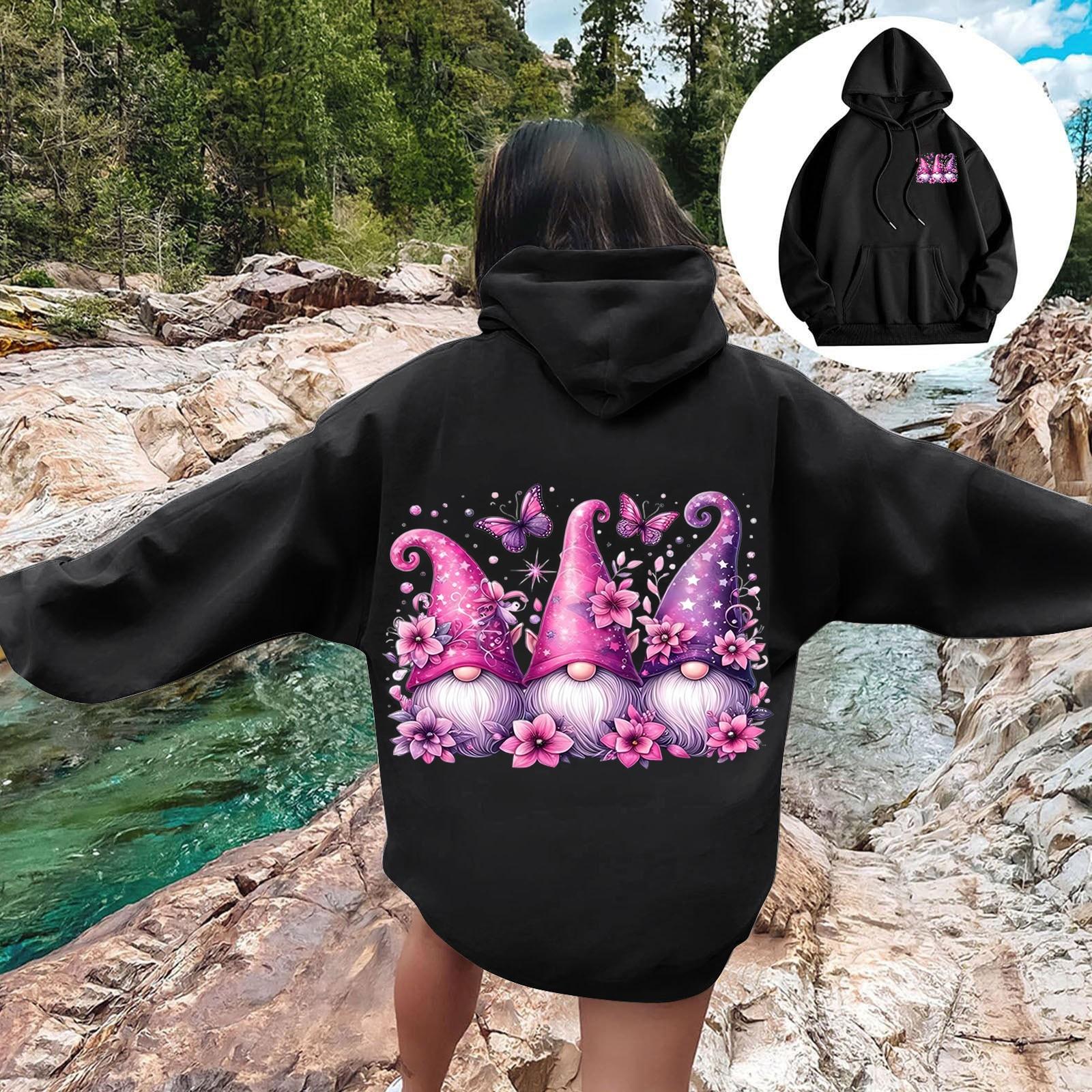 

Женская мода повседневный свободный рождественский мелкий принт топ с капюшоном на шнурке S чёрный