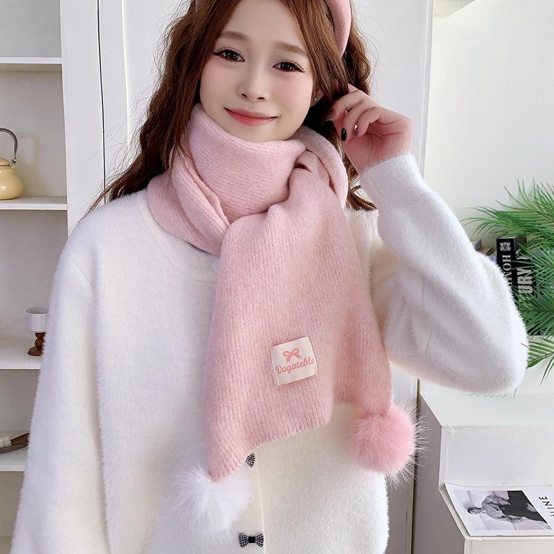 Women's Cute Contrasting Color Pom-Pom Scarf for Travel Photography - Gentle, Warm & Stylish