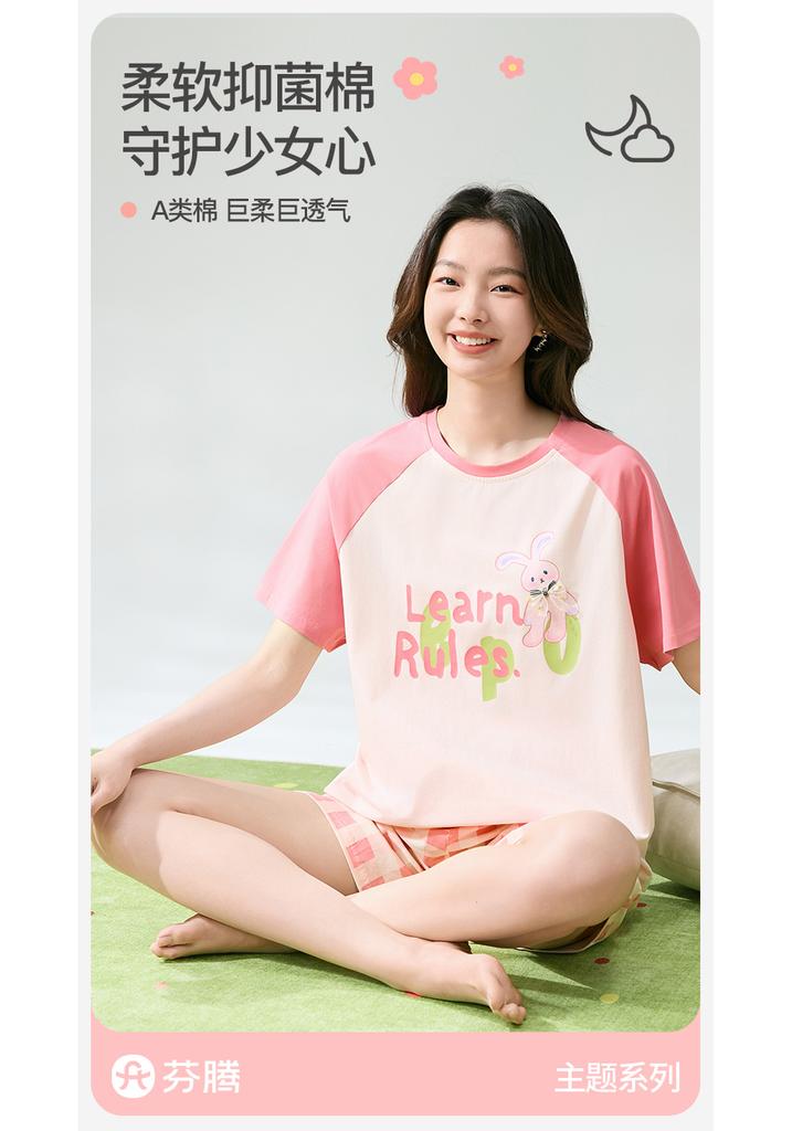 Fenteng [Super Soft A-class Antibacterial Cotton] Summer Round Neck Shorts Thin Pajamas Women's New Cartoon Home Clothes Set