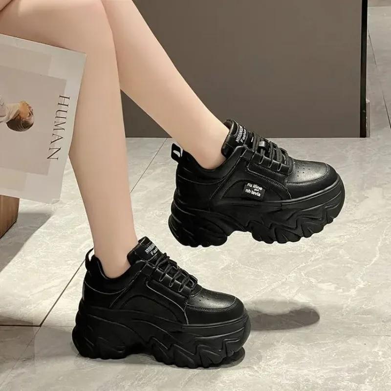 White Black Chunky Sneakers Women Spring Autumn Thick Bottom Shoes Woman's Fashion PU Leather Platform Sneakers Ladies Lace-up