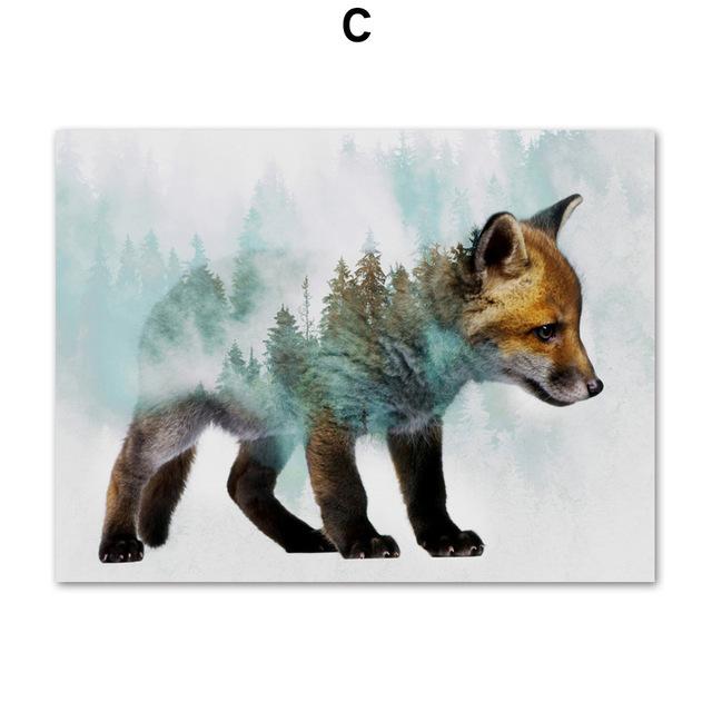Landscape Forest Bear Fox Wolf Nordic Abstract Posters And Prints Wall Art Canvas Painting Nordic Animal Wall Pictures For Kids