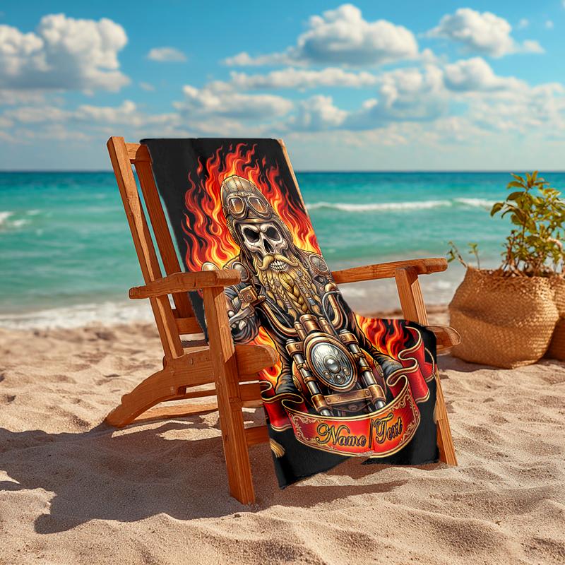 1PC Custom Name Biker Spirit Flames Beach Towel Highly Absorbent And Sand-Resistant Towel for Swimming, Pool, Yoga, And Travel Lightweight