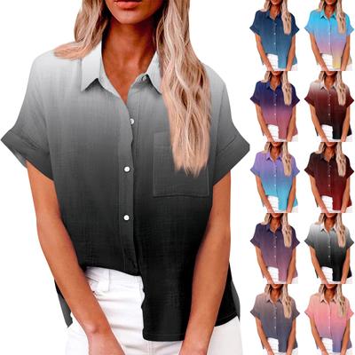 Women's Loose Casual Short Sleeved Lapel Button Gradient Printed Shirt Top With Pockets