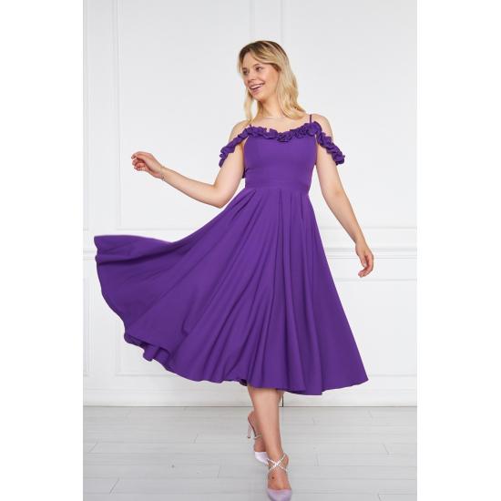 Women's Adjustable Strap Ruffle Detailed Collar Pleated Flared Midi Evening Dress