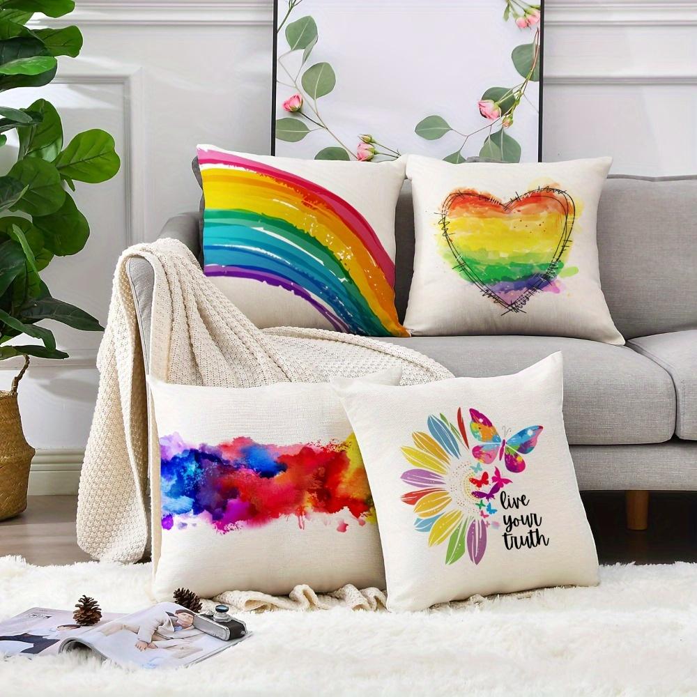 Watercolor Rainbow Pride Throw Pillow Covers, Vibrant Rainbow Heart Butterfly Print Cushion Cases, Inclusive Lgbtq+ Home Decor