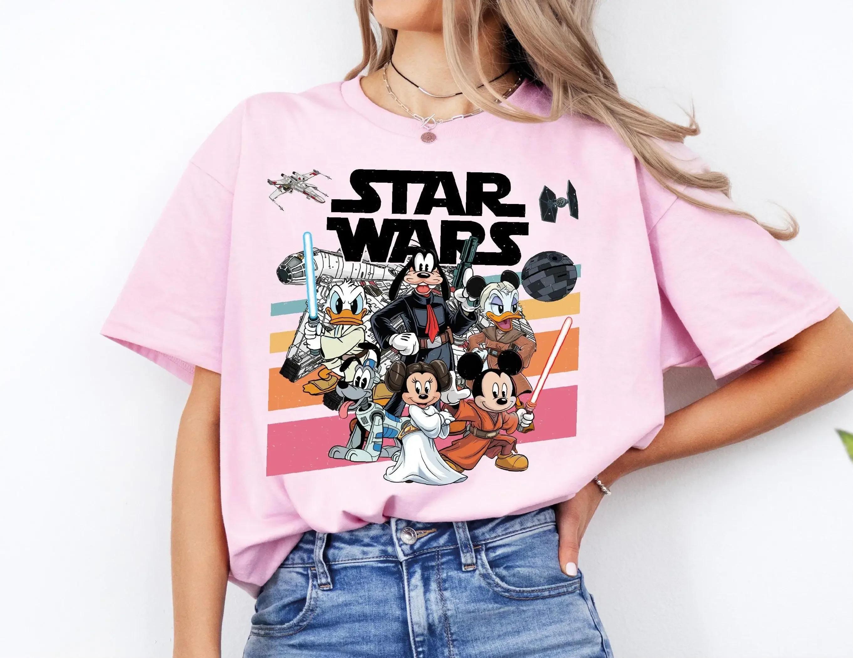 

2026 Summer Retro Disney Mickey and Friends Star War Shirt May The 4th Be with You Shirt Disney 100% Pure Cotton Printed T-shirt L синій