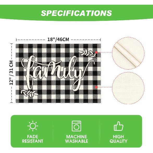 Artoid Mode Love Family Together Home Buffalo Plaid Placemats Set of 6,12x18 Inch Seasonal Table Mats for Party Kitchen Dining Decoration