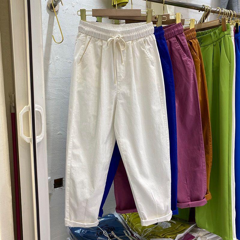 Women's Summer High-Waist Cotton Cropped Pants - Slimming, Harajuku Style, Plus Size, Elastic Waist, Lightweight Casual Wear