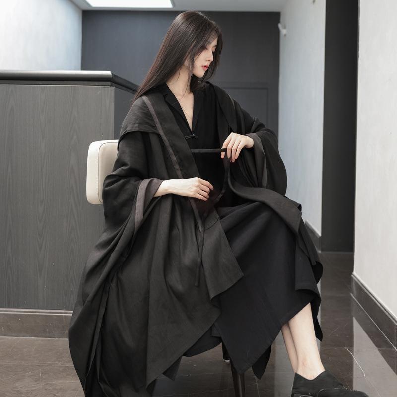 

Irregular Design Chinese Style Fashion Trench Coat Hip Hop Punk Hooded Cloak Women Cotton Linen Long Cardigan Cosplay Costume One Size чорний