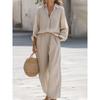 Women's Loose Two Piece Outfit Long Sleeve Collar Shirt High Waist Wide Leg Linen Matching Suit