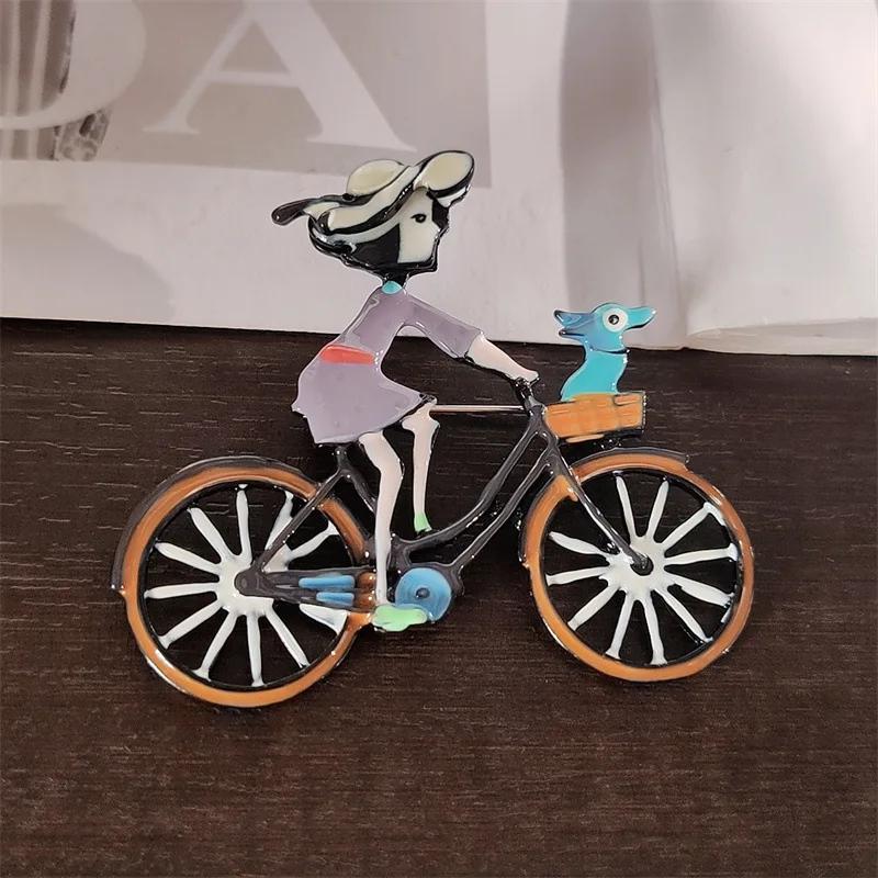 Japanese Cute Puppy With Girl Bicycle Brooches for Women Casual Creative Alloy Brooches For Ladies Female Jewelry Gifts