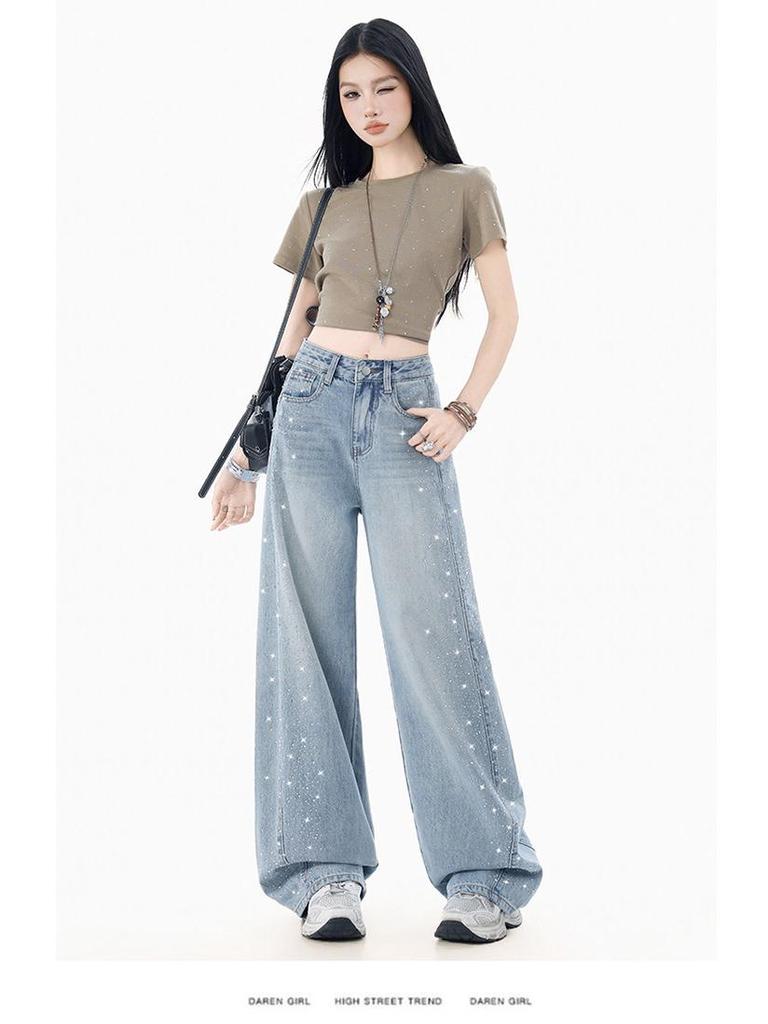 2026 Women's Rhinestone Wide-Leg Jeans: Loose, Slimming, High-End Floor-Length with Concealing Design for Spring/Autumn