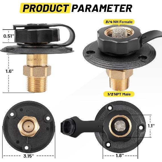 Oyviny RV City Water Inlet With Check Valve, Lead-Free Brass RV Fresh Water Inlet 3/4 NH Female To 1/2 NPT Male Connection, Water Fill Inlet Flange