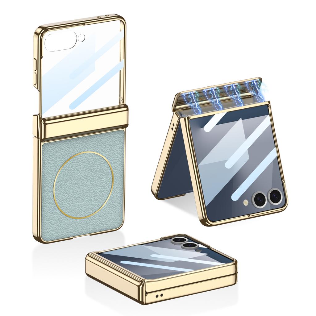 Magnetic Hinge Wireless Charge Case for Samsung Galaxy Z Flip 7 Plating PU Leather Screen Glass Cover For Galaxy Z Flip7 Case
