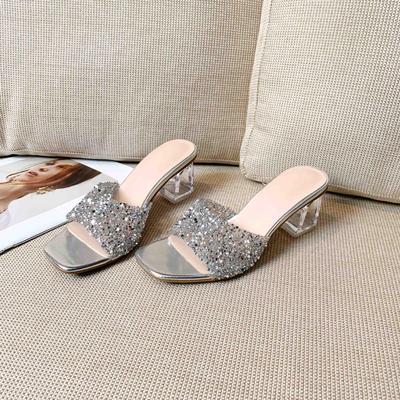 2026 Summer Women's Mid-Heel Chunky Sandals with Crystal Heels - Fashionable European & American Style Slides