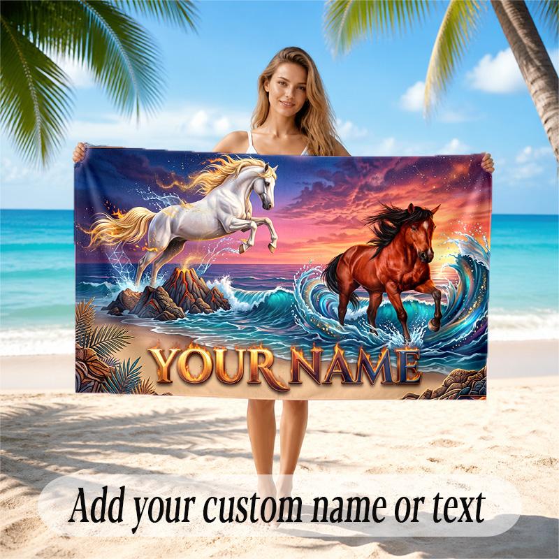 Horse Theme Quick Dry Beach Towel Custom Name Text Print Large Sand Resistant Towel Beach Vacation