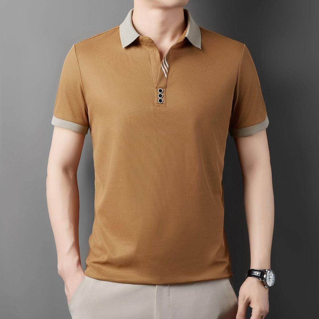 Summer Men's Polo Shirt Jacquard T-shirt Lapel Collar Color Block Casual Short Sleeve Tees Breathable Male Button Tops
