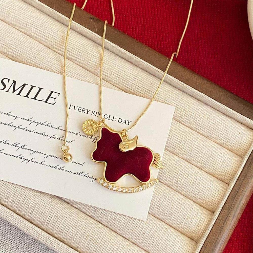 Lucky Zodiac Charm Wood Horse Necklace for Women Cute Rocking Horse Pendant Sweater Chains Necklace Adjustable Trendy Neckwear