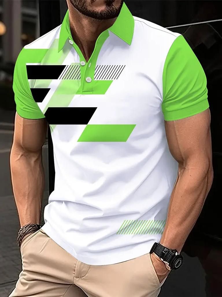 Casual Essential! Geometric Print Short Sleeve Polo Shirt for Men