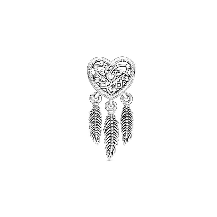 Pandora Openwork Heart & Three Feather Dreamcatcher Charm Women Pendant Silver 799107C00 Box,Silver