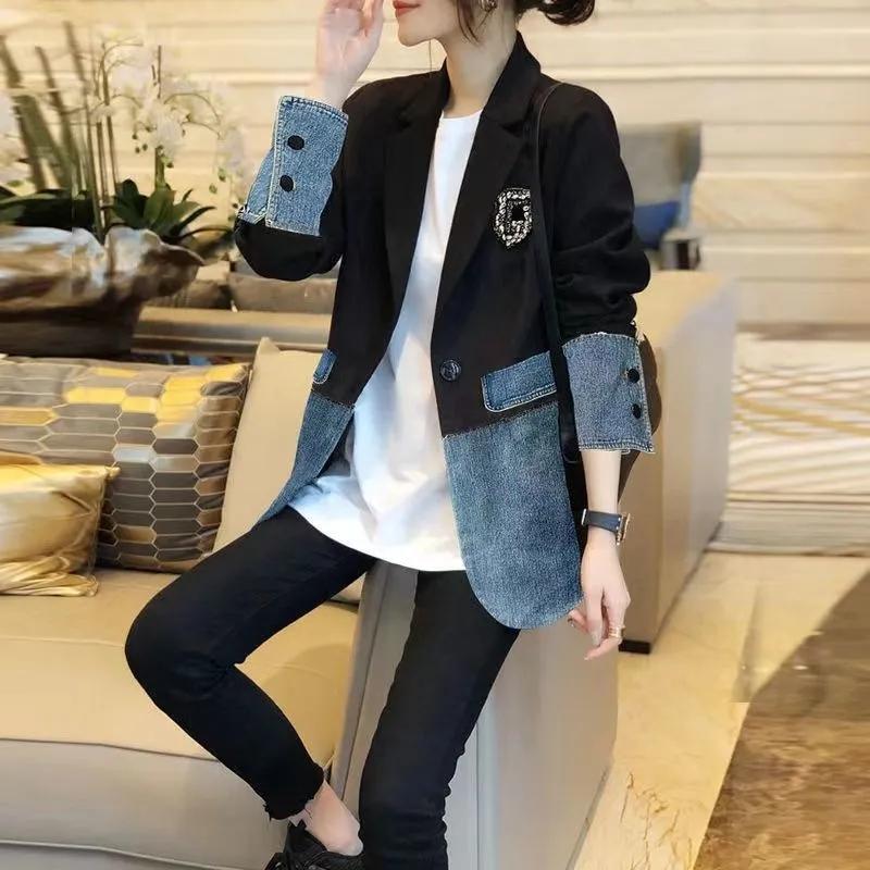 Cowboy Splicing Blazer Women Casual Loose Patchwork Denim Large Size Coat Polo Collar Long Sleeved Jacket New Fashion  Autumn