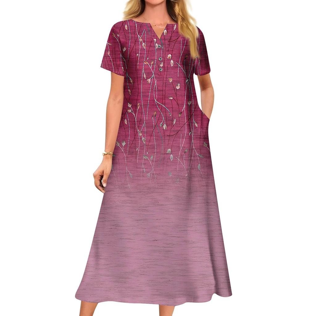 Women's Summer Casual Printed V-Neck Short-Sleeve Swing Dress