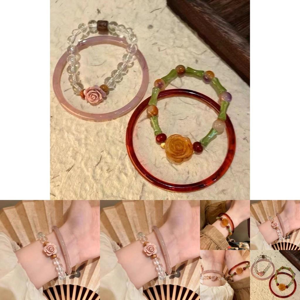 Elegant New Chinese Style Rose Flower Bamboo Segment Women's Bracelet Luxurious Handcrafted Glass Jewelry