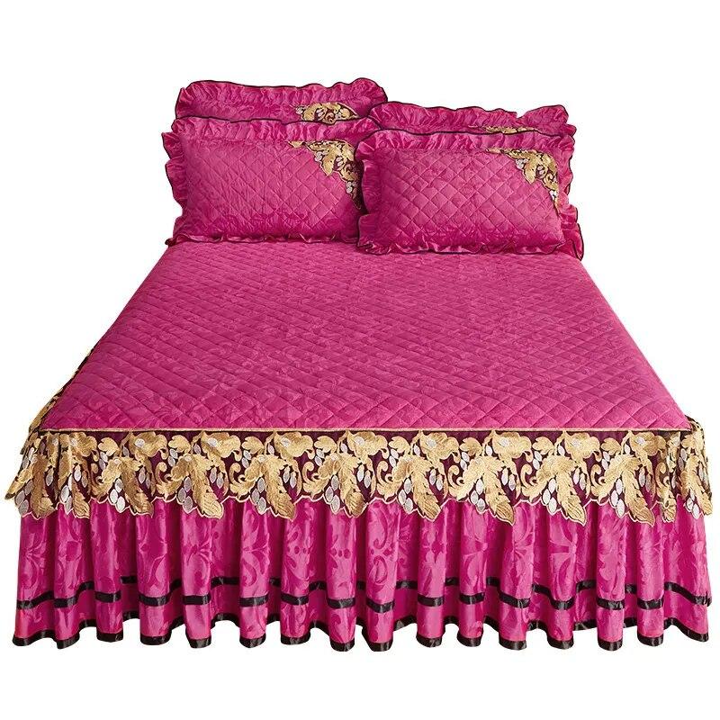 

Роскошное европейское бархатное покрывало King Size для кровати с тиснением, стеганое однотонное покрывало для двуспальной кровати Queen, мягкая юбка, комплект из 2 наволочек 150x200cm 59x79inch