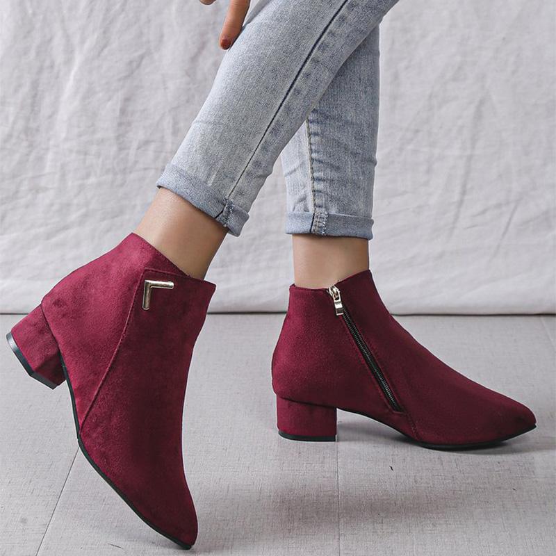 Fashion Burgundy Faux Suede Ankle Boots Women Spring Autumn 2025 Classic Metal Decoration Boots Woman Zipper Pointed Toe Botas Mujer