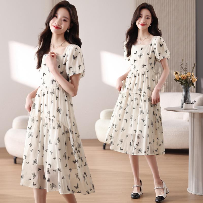 

Женское платье макси с цветочным принтом и французским квадратным вырезом 2024 года с рукавами-фонариками - летний утягивающий фасон S