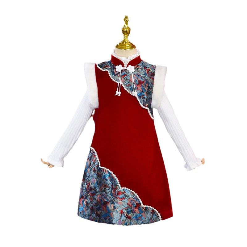 Dívčí zimní teplé plyšové šaty čínského stylu cheongsam hanfu - malé a střední velikosti