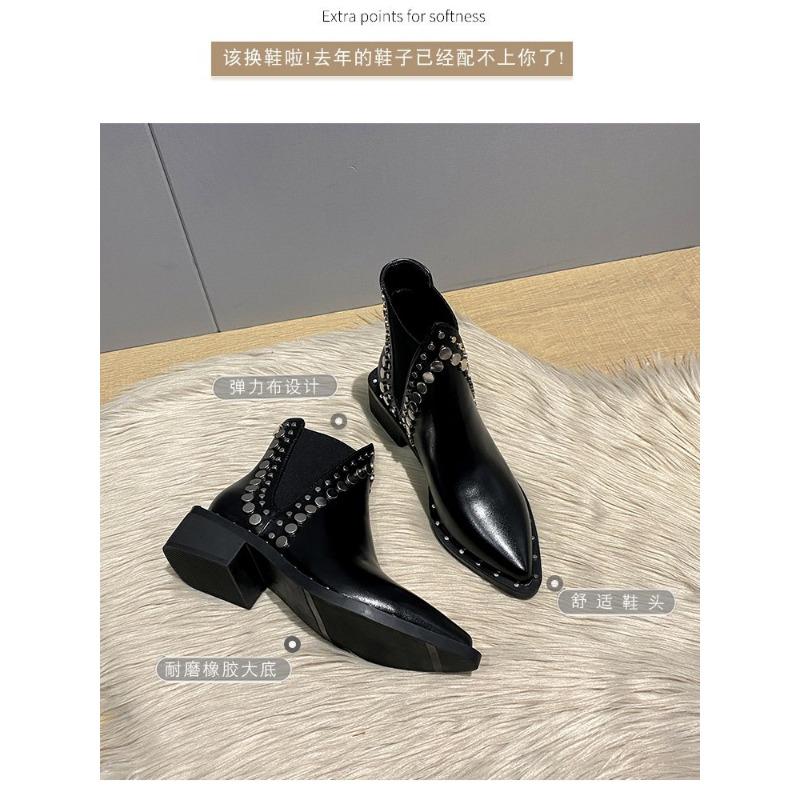 High Quality Women Shoes Leather Short Boots Women Pointed Chunky Heel Boots Fashion Rivet Ankle Boots Female Platform Heel