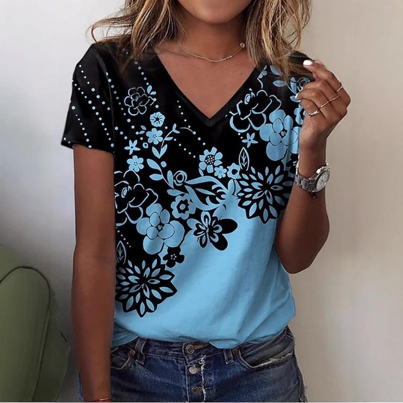Summer women s short sleeved V-neck printed T-shirt XS