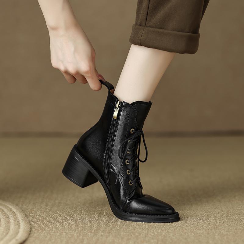 Dámské kotníkové boty Štípaná hovězí kůže Vysoké podpatky Zip Šněrování Černá Hnědá Gotické Elegantní Dámské kotníkové boty Vysoká kvalita Ručně vyráběné boty