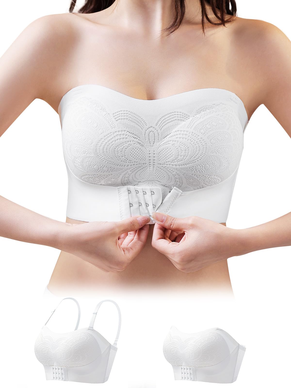 

Veimia Бюстгальтер без бретелек, бюстье с высоким боком, подчеркивающий красивую спину, топ, который хорошо держится, беспроводной, прочный, трехслойный, противоскользящий, белый