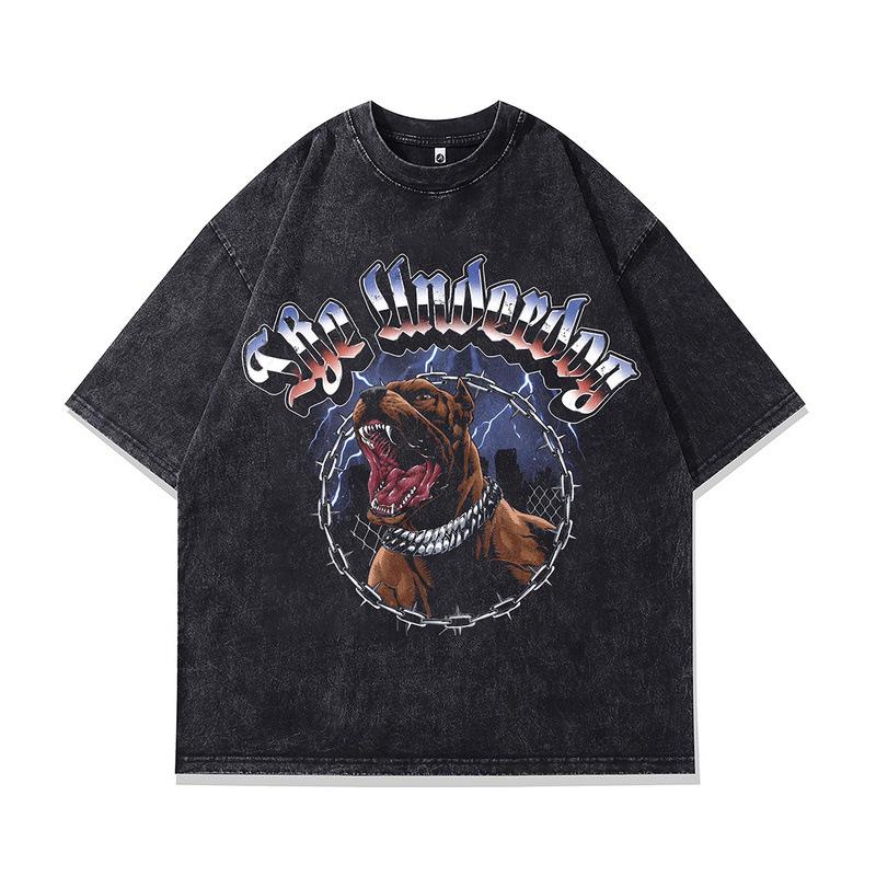 Men'S T-Shirt American High Street Vintage Doberman Direct Injection Printing Loose Wash Short Sleeve T-Shirt