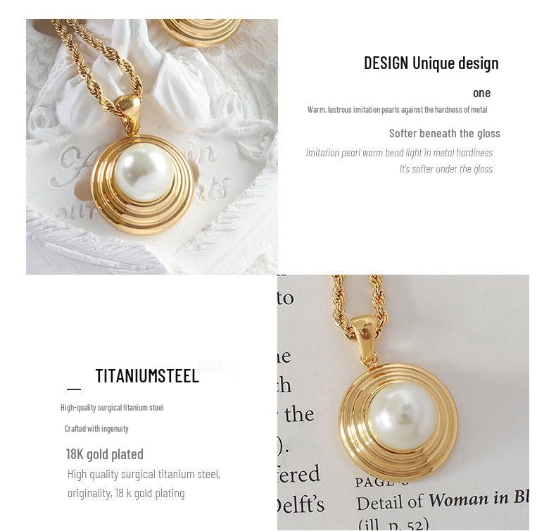 French Retro Titanium Steel 18K Gold-Plated Pendant Necklace with Imitation Pearl