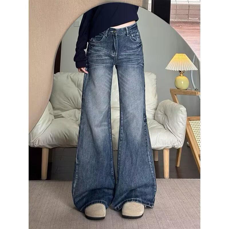 Women's Washed Retro Flare Jeans, Plus Size, High Waist, Floor-Length, Slimming, Versatile, Loose Straight-Leg Pants
