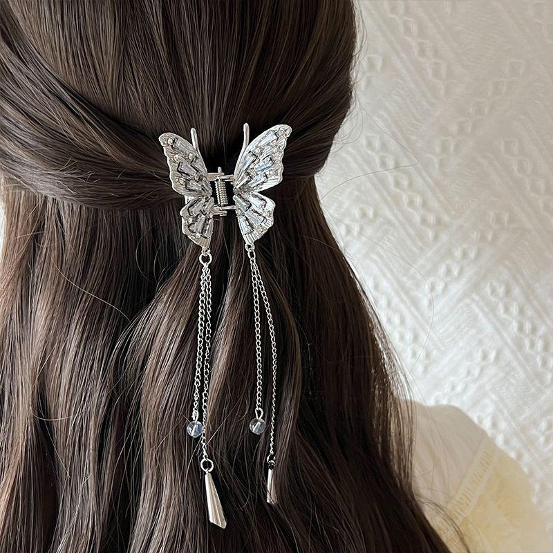 Shiny Rhinestones Butterfly Hair Claw Clips For Women Girl Vintage Long Chain Tassel Claw Clip New Chinese Style Accessories
