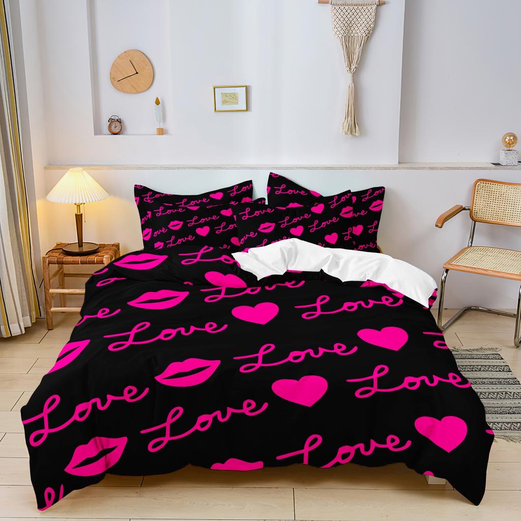 Black Hot Pink Love Letter Heart Lips Print 3 Pieces Duvet Cover Bedding Set, Romantic Pink Lip Heart Cursive Love Print Bedding