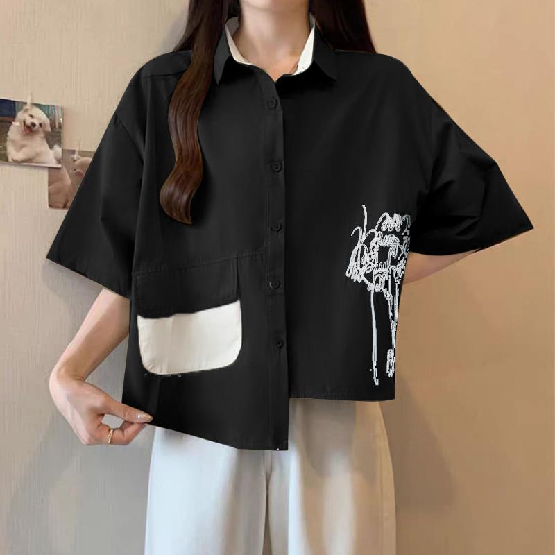 

ZANZEA Женская повседневная блузка с отложным воротником и коротким рукавом и неровным подолом L чёрный