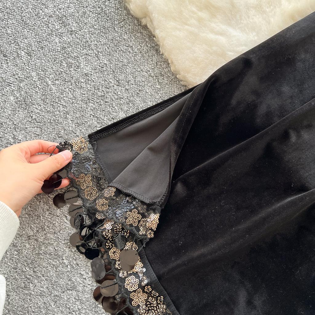 Primăvară Toamnă Femei Vintage Negru Catifea Paiete Cic Set Două Piese Pulover Topuri și Long Midi Slim Bodycon Fusta Creion